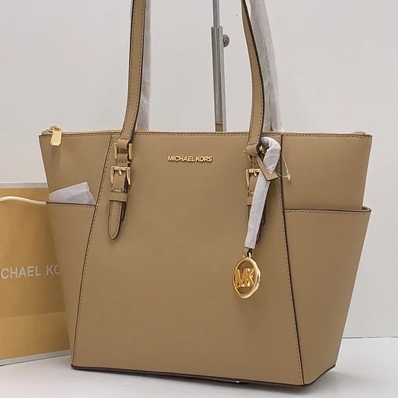 MICHAEL KORSJet Set Lg Crossgrain Leather Top-Zip Charlotte Tote ShoulderCamel